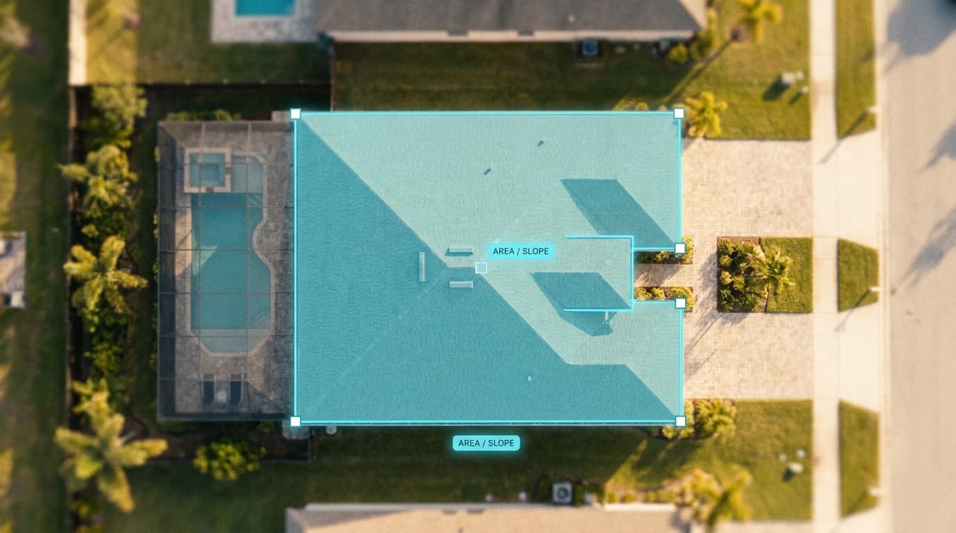 An aerial view of a roof in a cyan pitch-and-area measurement overlay