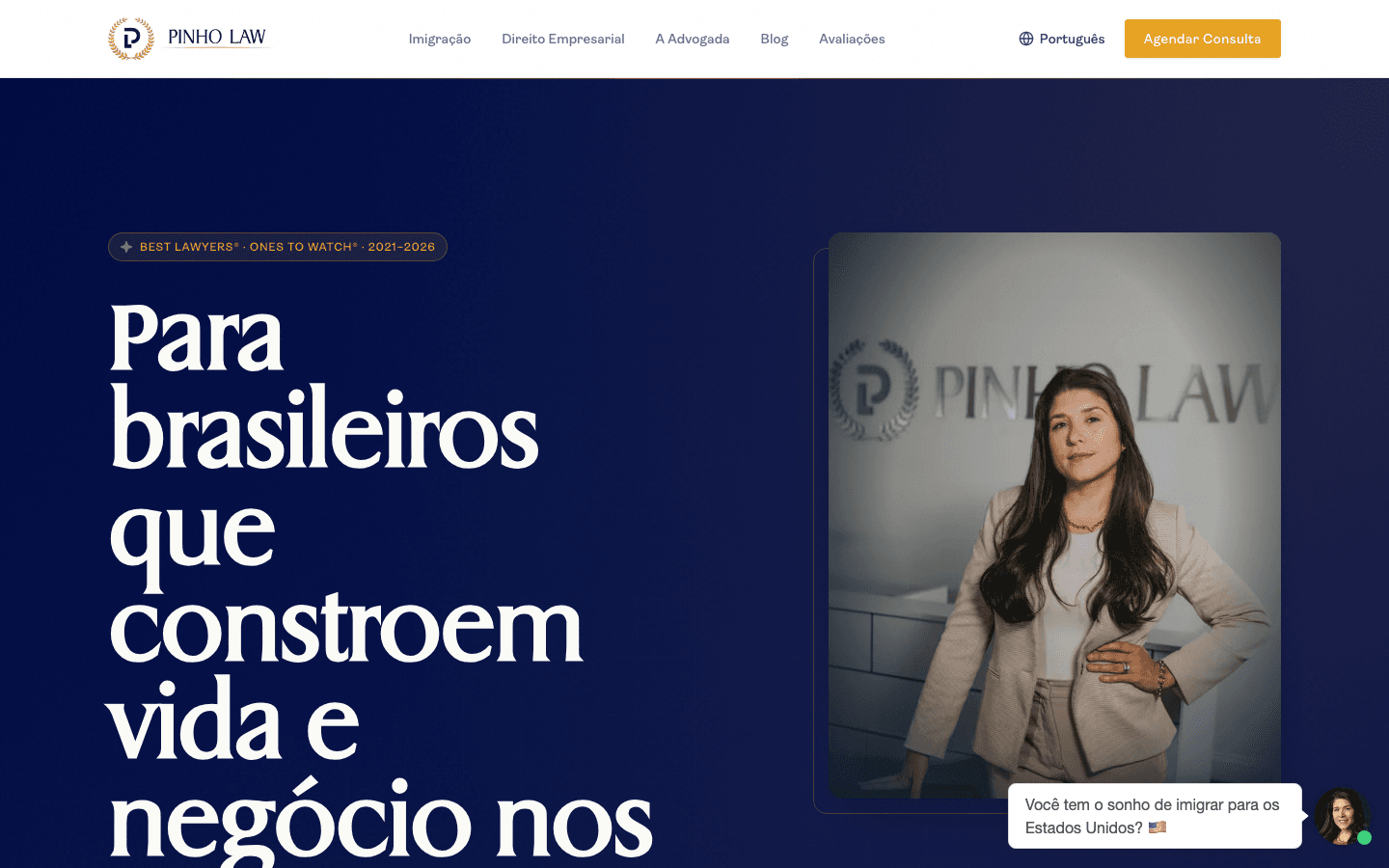 The Pinho Law marketing site at pinholaw.com, a premium editorial design built by Voxaris