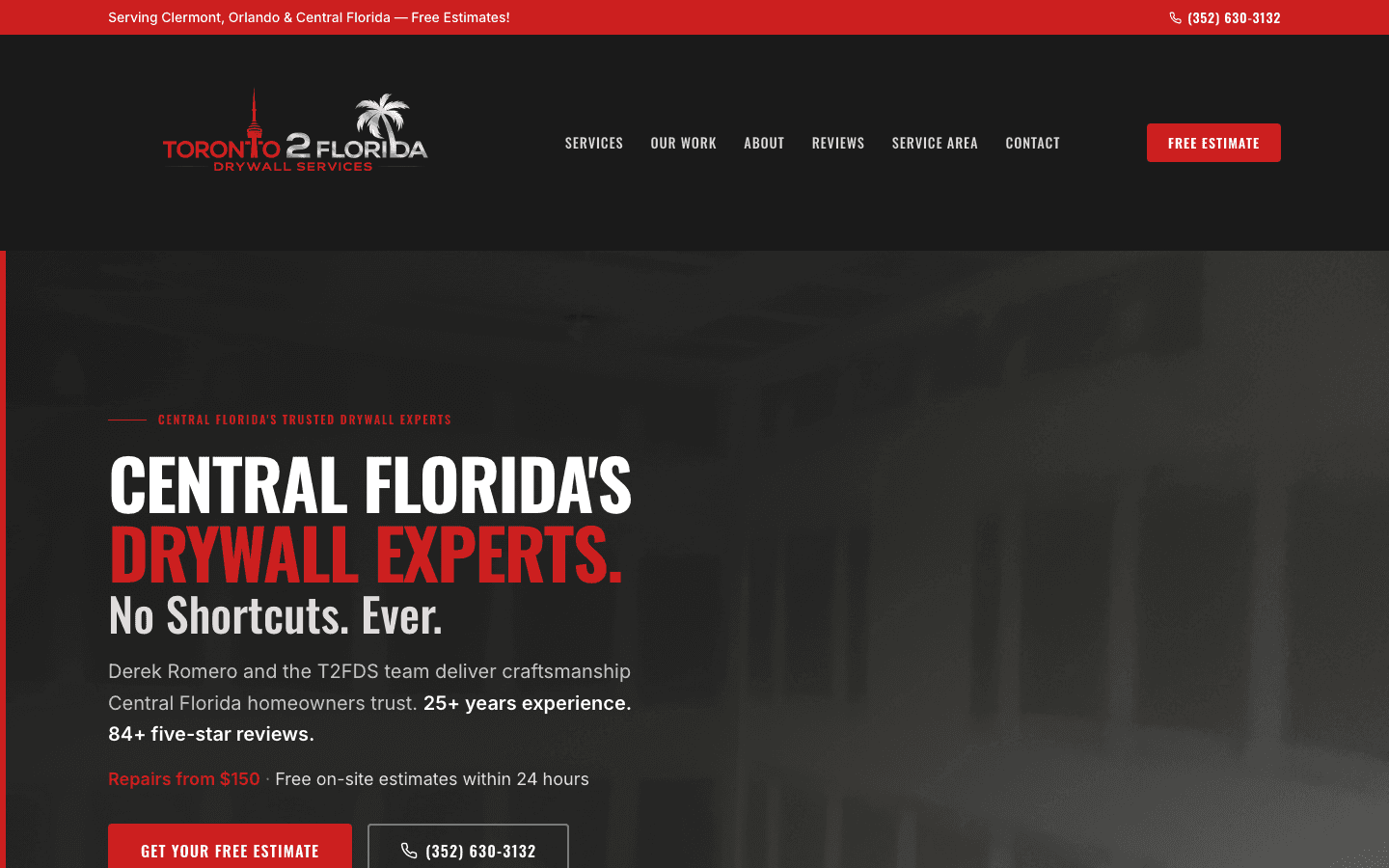 Toronto 2 Florida Drywall Services website built by Voxaris at t2fds.com