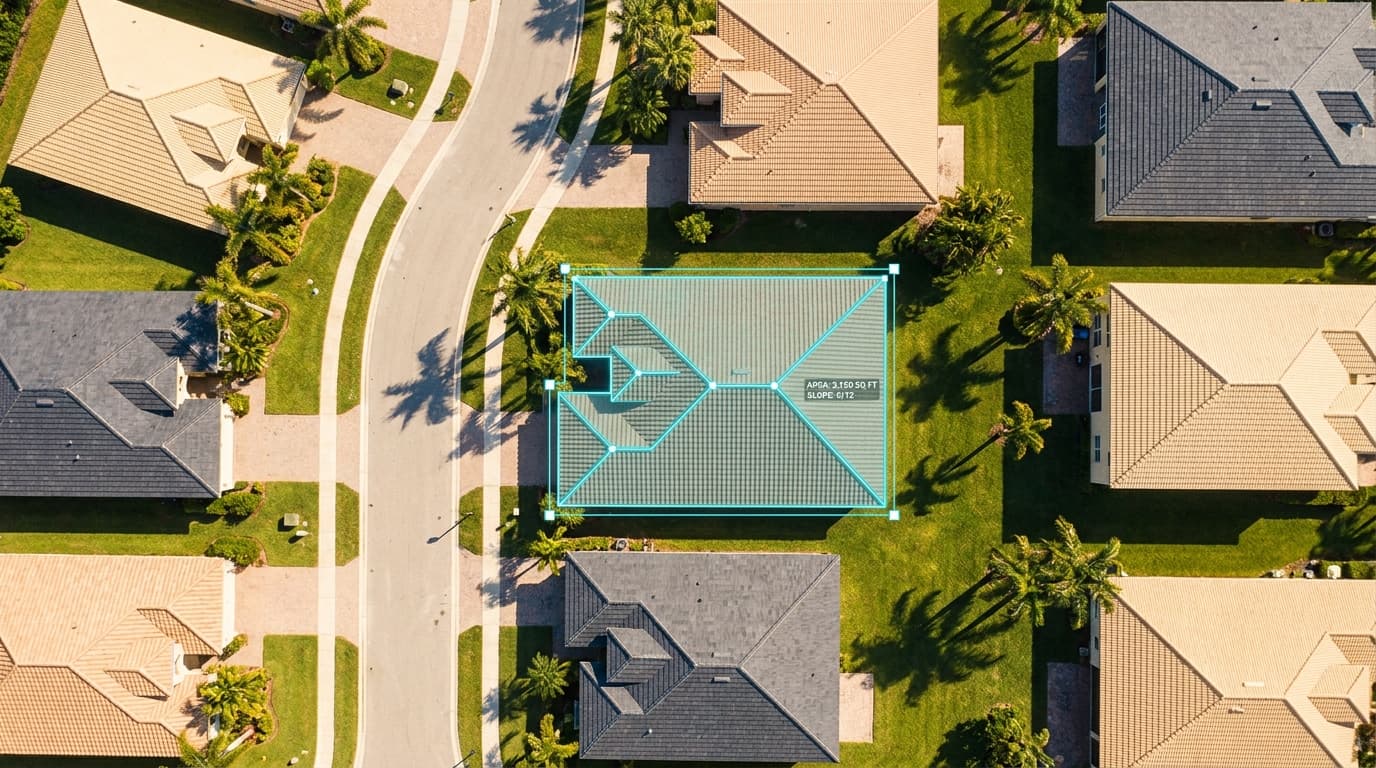 A Florida roof measured from satellite, traced in a cyan area-and-slope overlay