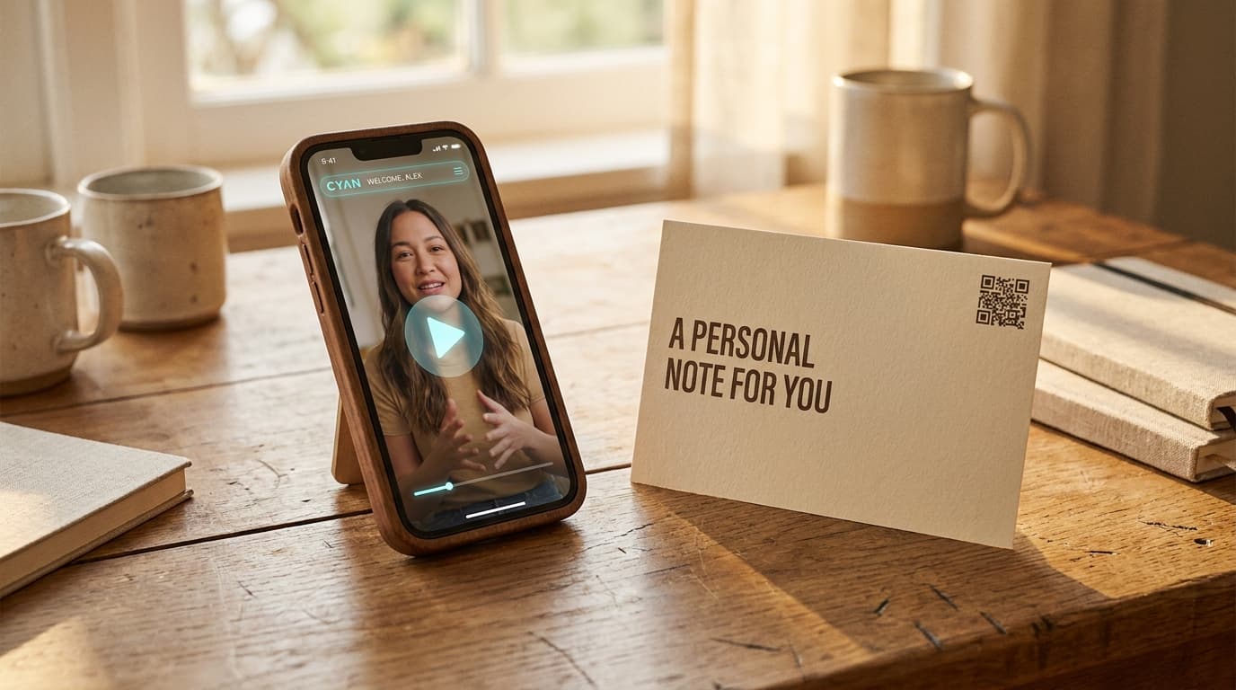 A personalized AI video opening from a QR code on a printed postcard