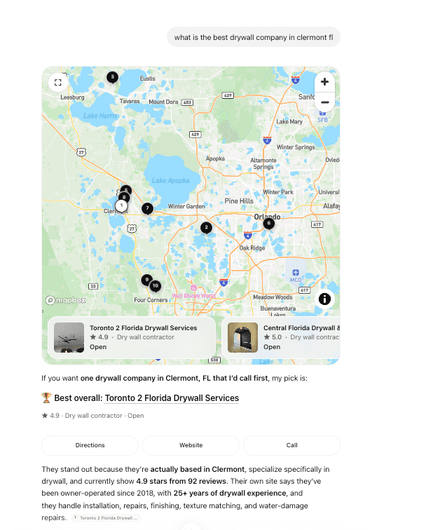 An AI assistant answering with Toronto 2 Florida Drywall Services as its best overall pick, citing the company’s own website