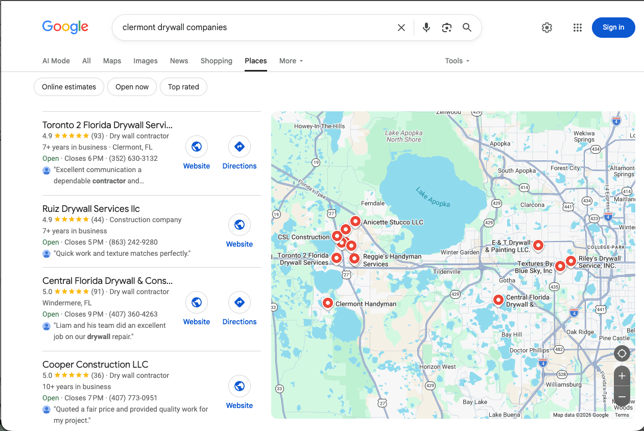 Google Places results for “clermont drywall companies” with Toronto 2 Florida Drywall Services ranked first at 4.9 stars from 93 reviews