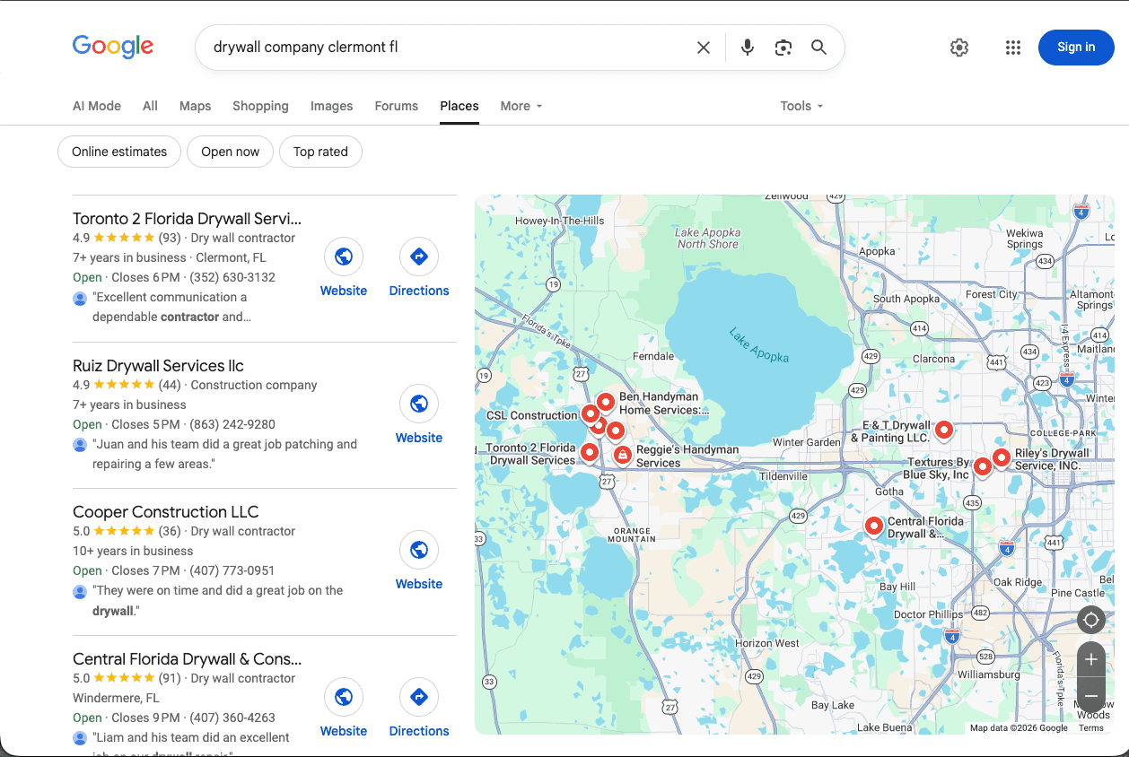 Google Places results for “drywall company clermont fl” with Toronto 2 Florida Drywall Services ranked first at 4.9 stars from 93 reviews